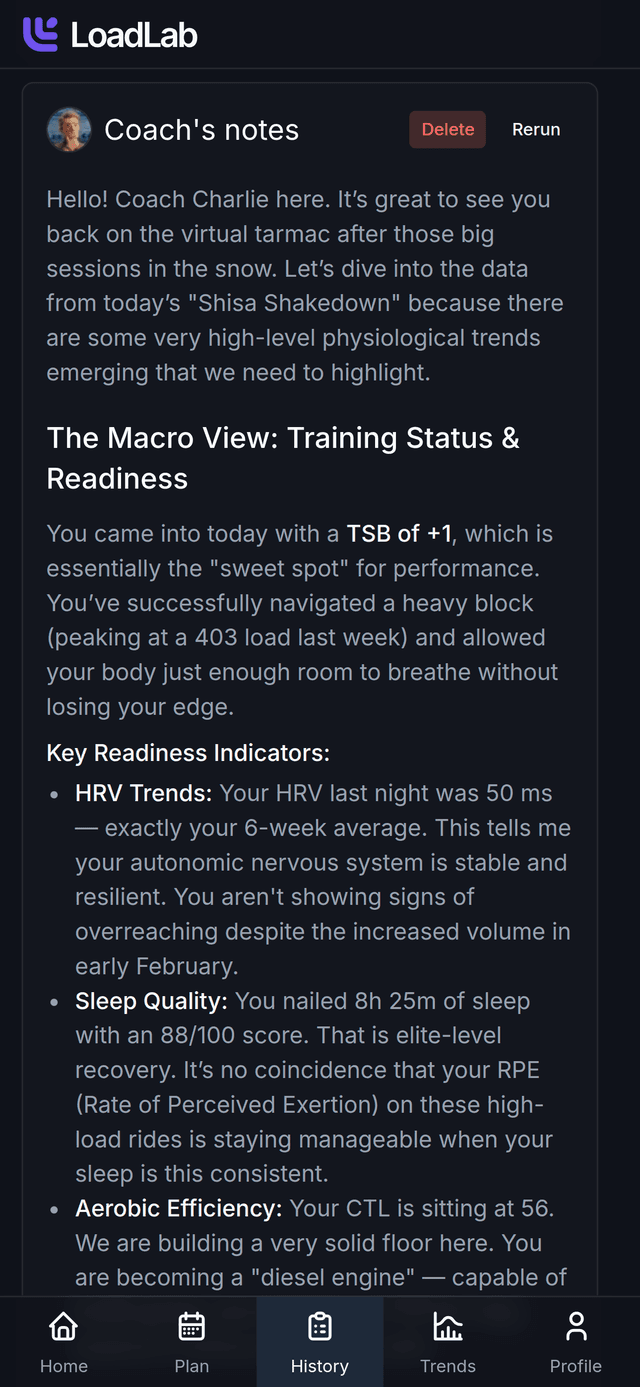 LoadLab AI coach analysis with personalized training feedback, readiness indicators, and recovery insights